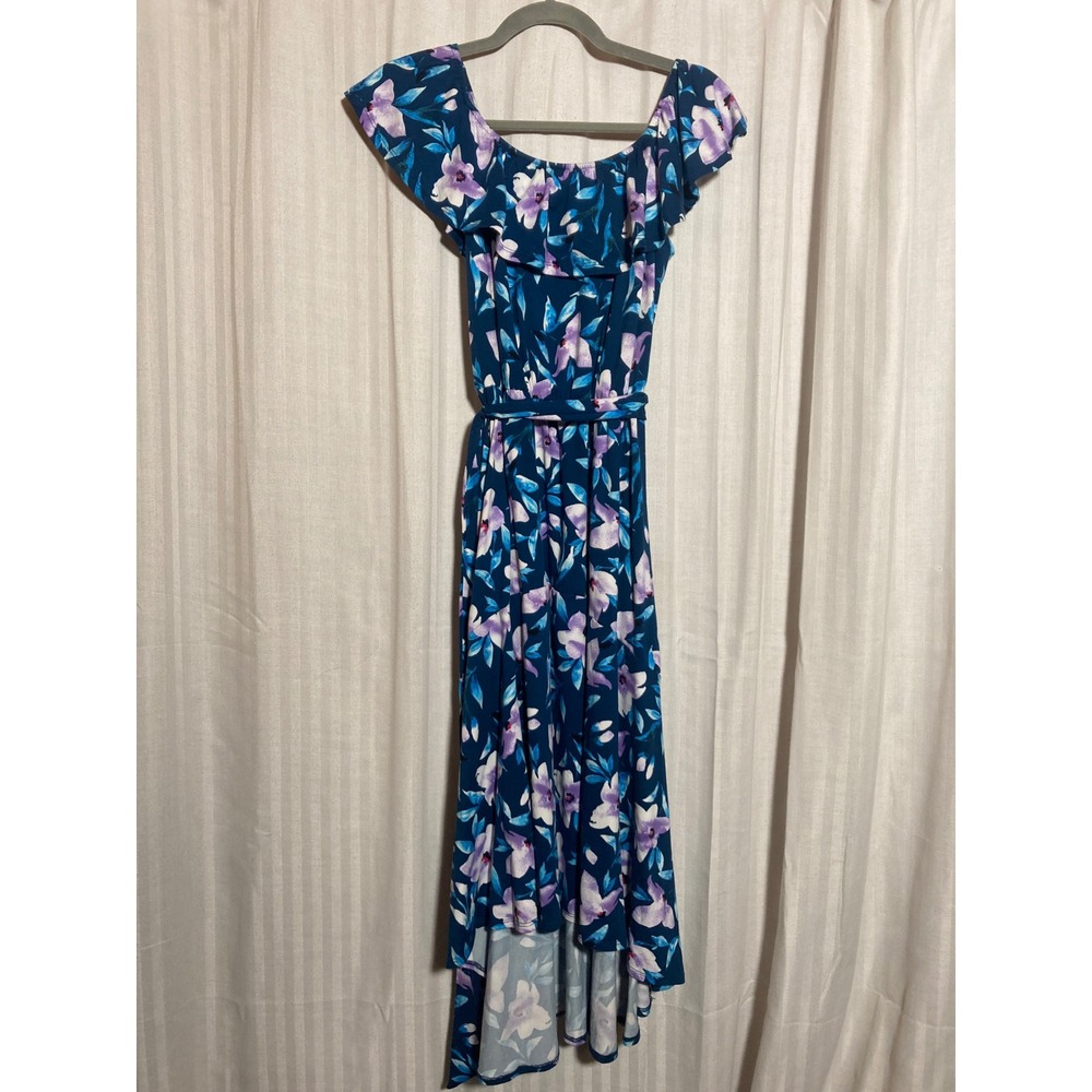 Garden Party Tropical Floral High-Low Midi Dress Blue Purple MP Vacation Resort